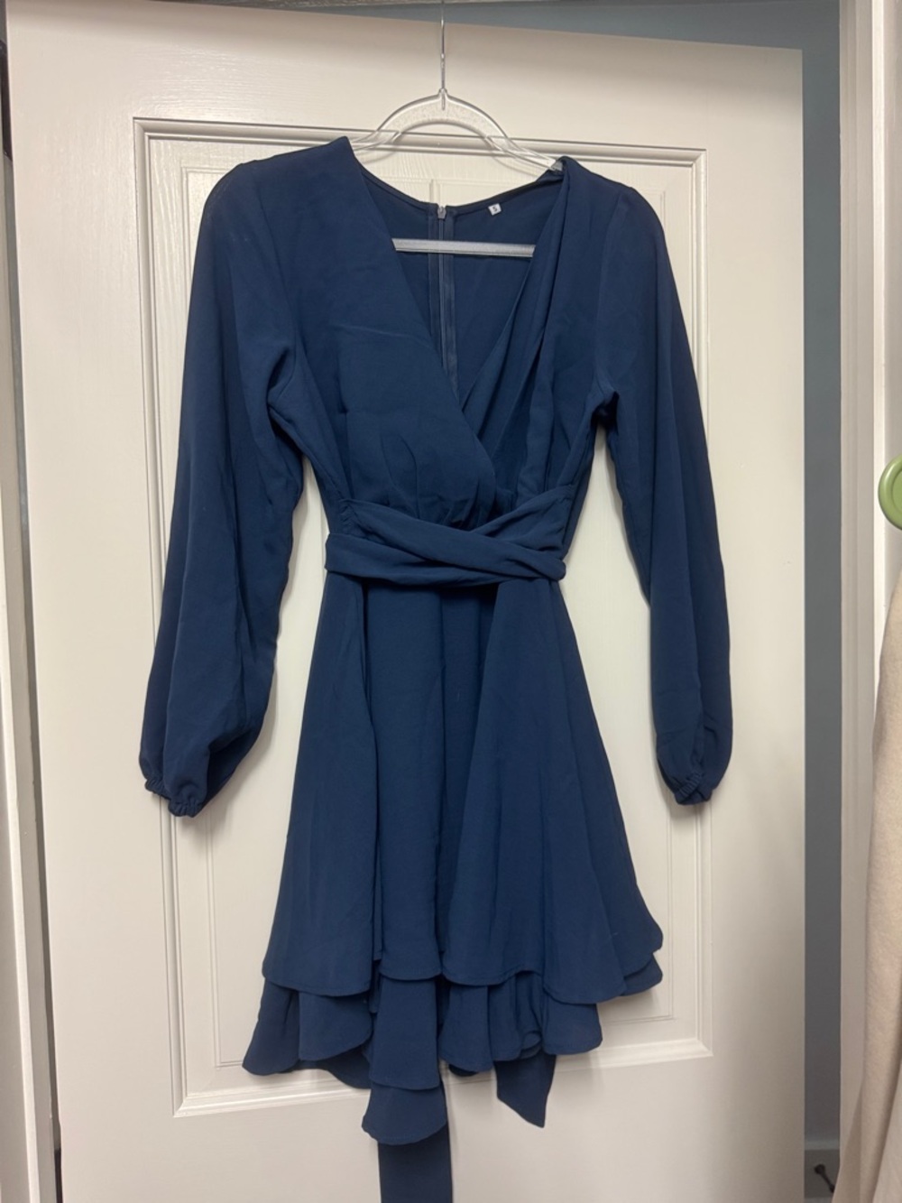 Long-Sleeve Navy Blue Wrap Tiered Skater Dress